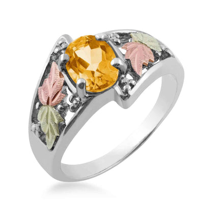 Black Hills Gold Oval Citrine & Leaf Ring in Sterling Silver front view