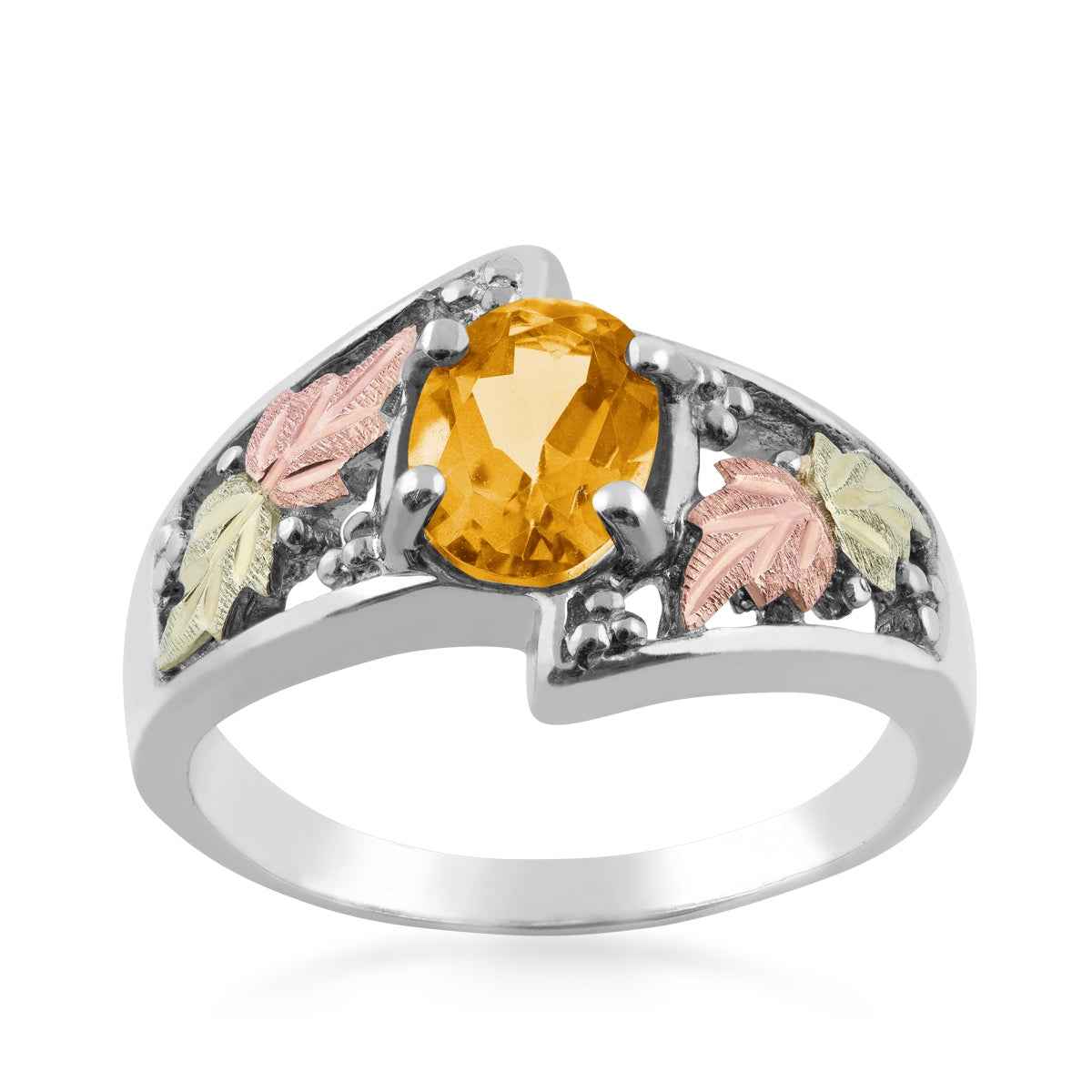Black Hills Gold Oval Citrine & Leaf Ring in Sterling Silver
