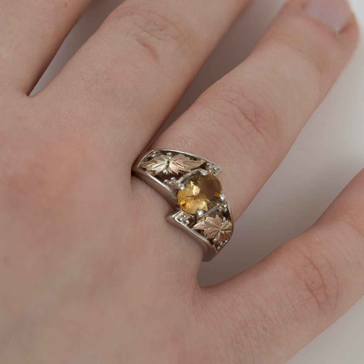 Black Hills Gold Oval Citrine & Leaf Ring in Sterling Silver side profile