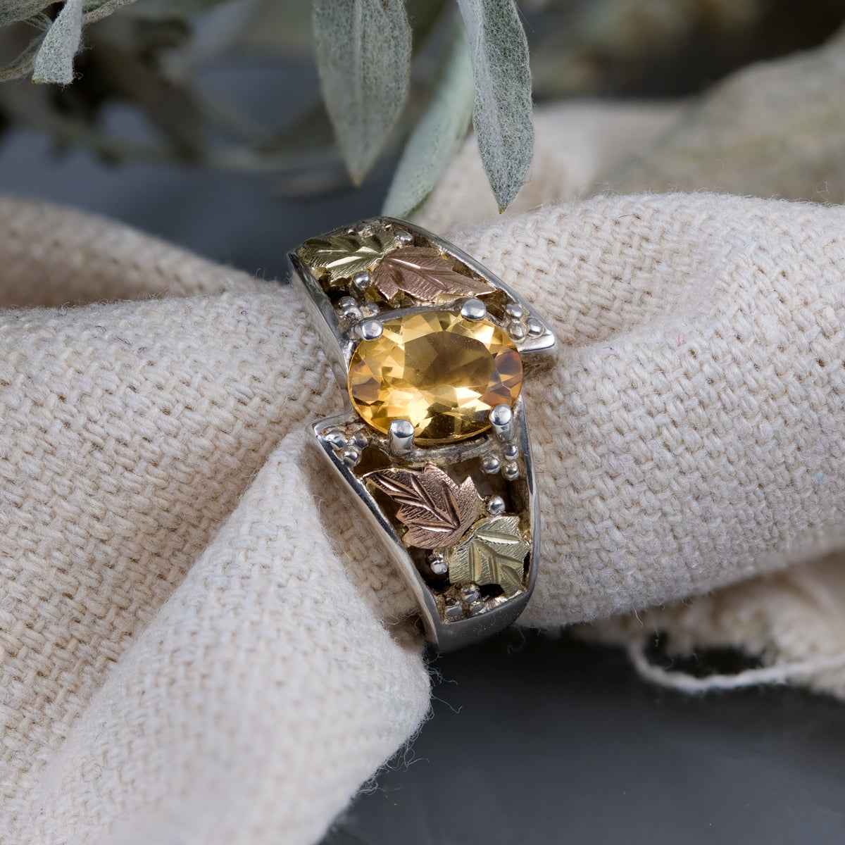 Black Hills Gold Oval Citrine & Leaf Ring in Sterling Silver close-up detail
