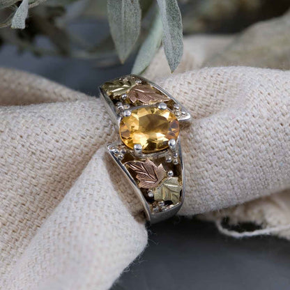 Black Hills Gold Oval Citrine & Leaf Ring in Sterling Silver close-up detail