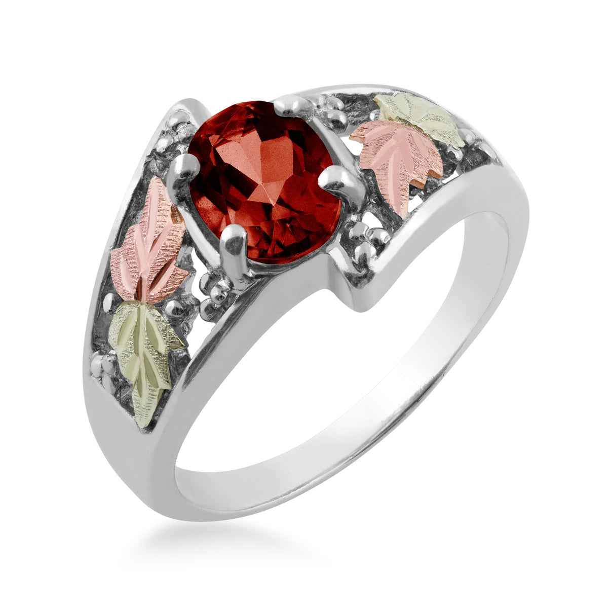 Black Hills Gold Oval Garnet & Leaf Ring in Sterling Silver front view
