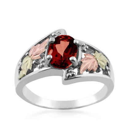 Black Hills Gold Oval Garnet & Leaf Ring in Sterling Silver