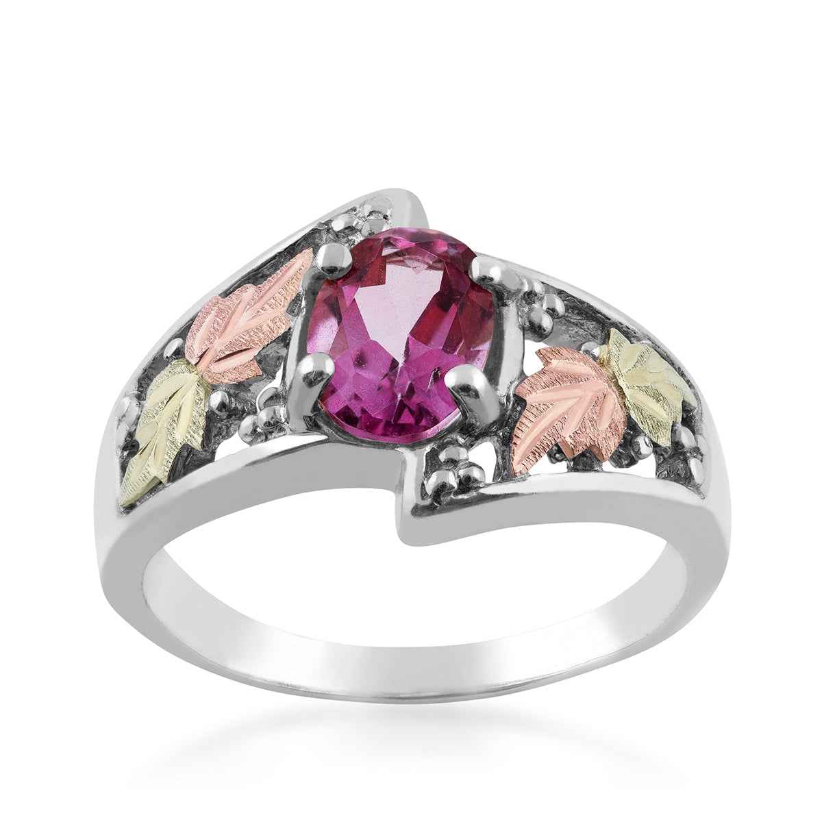 Black Hills Gold Oval Pink Topaz & Leaf Ring in Sterling Silver