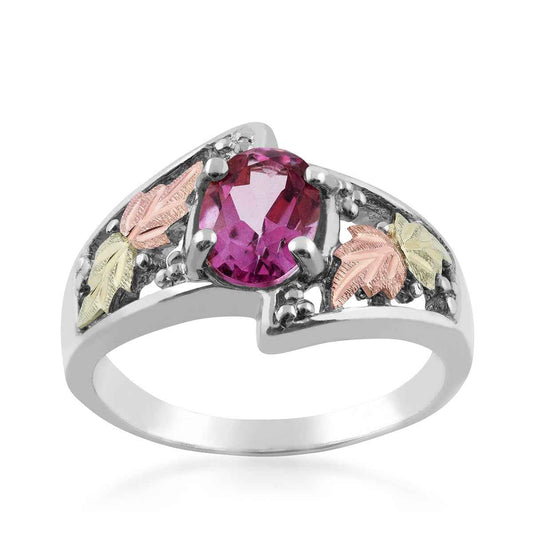 Black Hills Gold Oval Pink Topaz & Leaf Ring in Sterling Silver