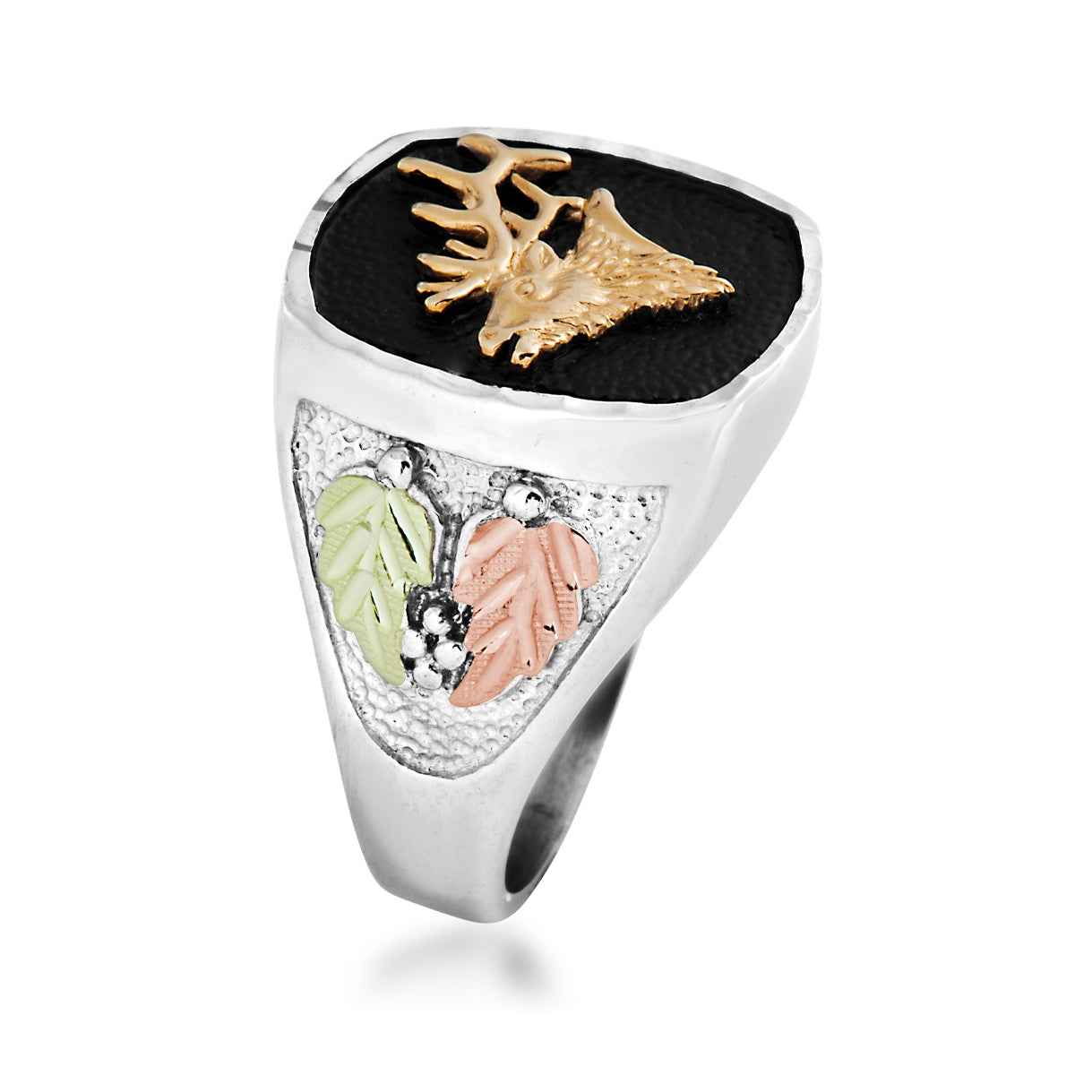 Black Hills Gold Men's Antique Finish Elk Ring in Sterling Silver front view