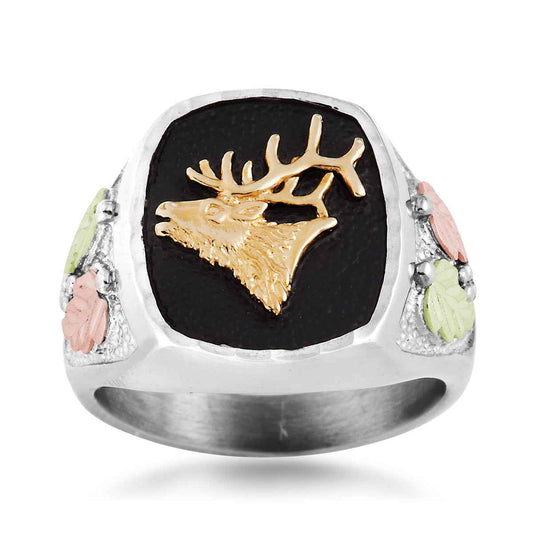 Black Hills Gold Men's Antique Finish Elk Ring in Sterling Silver