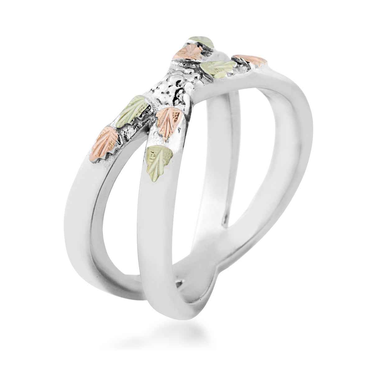 Black Hills Gold X Leaf Ring in Sterling Silver front view