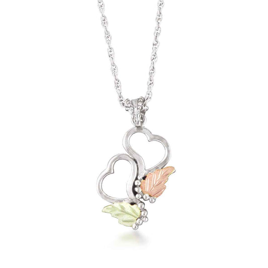 Black Hills Gold Hanging Double Heart & Leaf Pendant in Sterling Silver