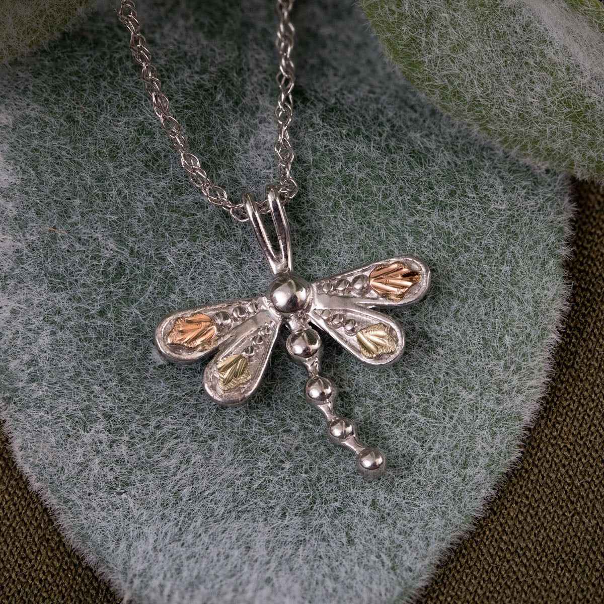 Black Hills Gold Leaf Winged Dragonfly Pendant in Sterling Silver front view