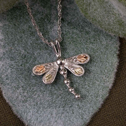 Black Hills Gold Leaf Winged Dragonfly Pendant in Sterling Silver front view