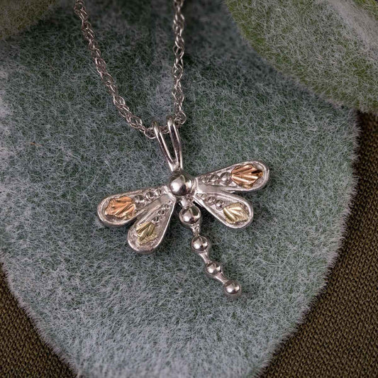 Black Hills Gold Leaf Winged Dragonfly Pendant in Sterling Silver front view