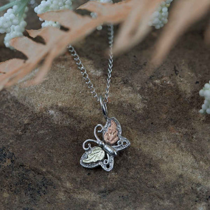 Black Hills Gold Small Leaf Winged Butterfly Pendant in Sterling Silver front view