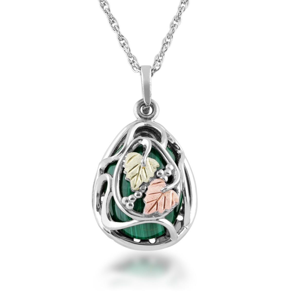 Black Hills Gold Oval Malachite Grapevine and Leaf Pendant in Sterling Silver