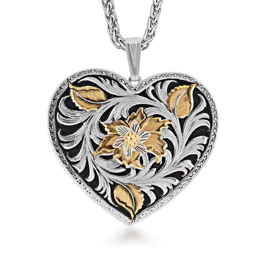 Black Hills Gold Flower & Leaf Filigree Heart Pendant in Sterling Silver
