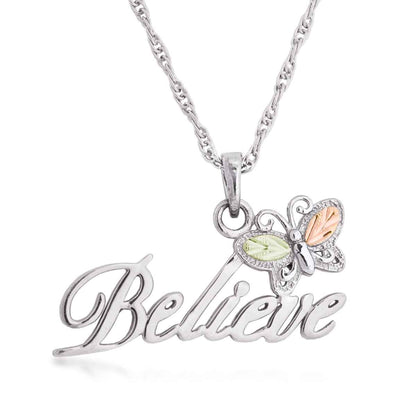 Black Hills Gold Leaf Winged Butterfly Believe Pendant in Sterling Silver