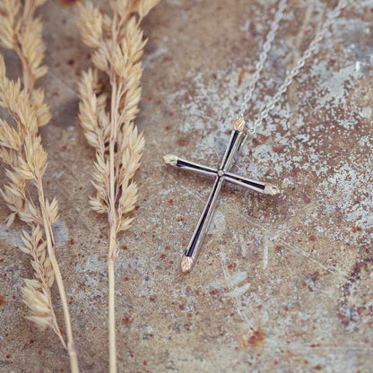Black Hills Gold Antiqued Cross & Leaf Pendant in Sterling Silver front view