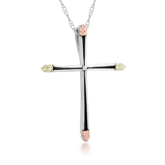 Black Hills Gold Antiqued Cross & Leaf Pendant in Sterling Silver