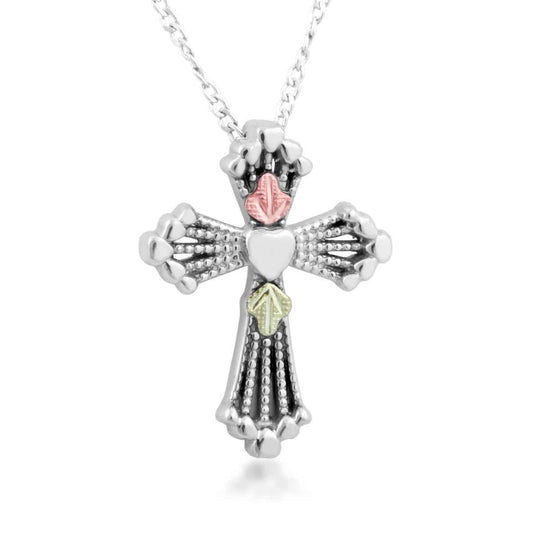 Black Hills Gold Milgrain Leaf & Heart Cross Pendant in Sterling Silver
