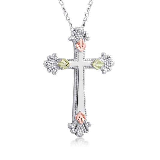 Black Hills Gold Open Cross & Leaf Pendant in Sterling Silver