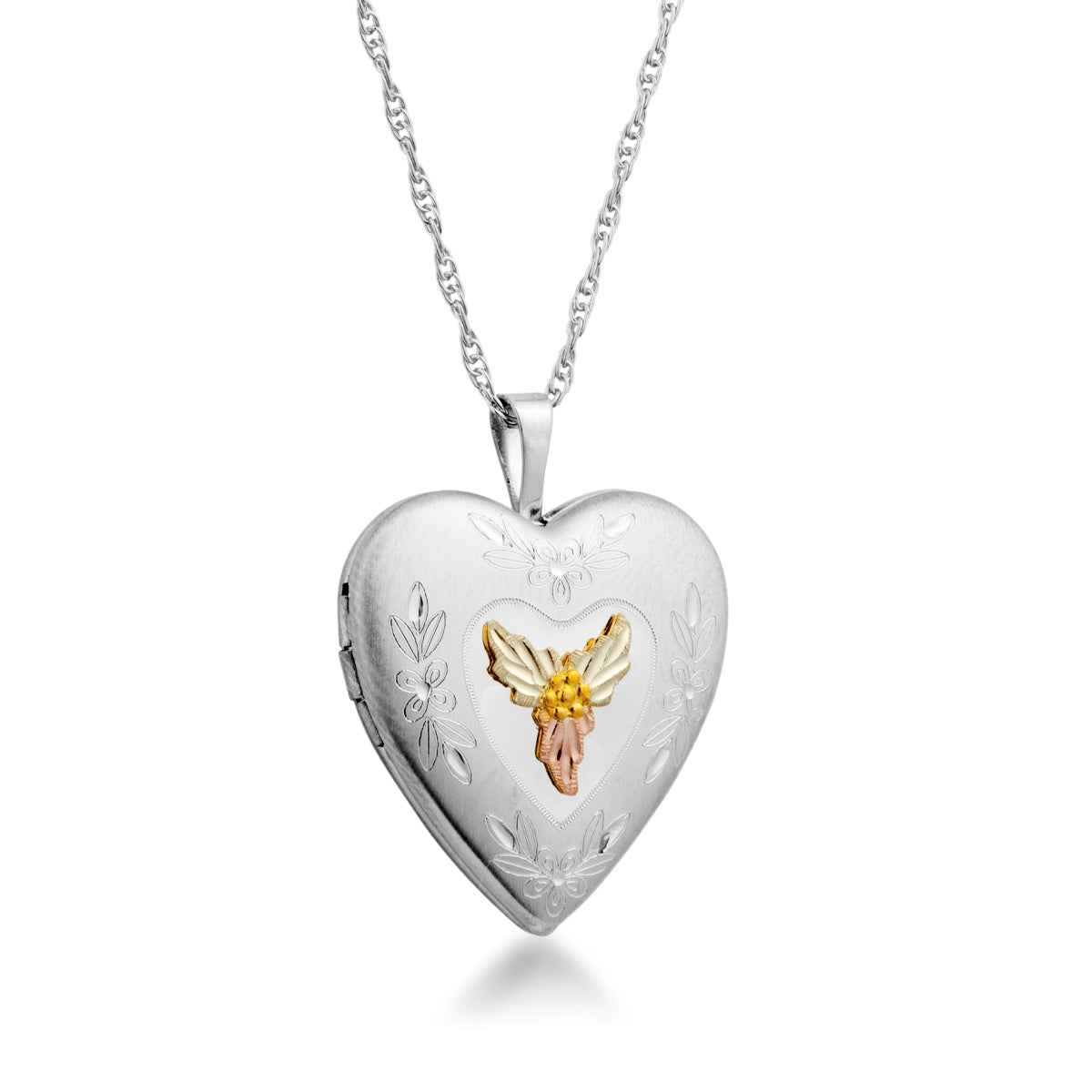 Black Hills Gold Small Heart Locket with Flower Etching in Stainless Steel