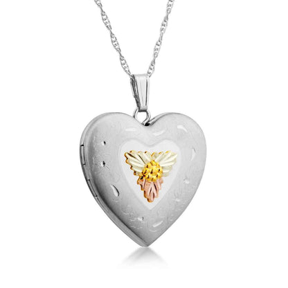 Black Hills Gold Large Heart Locket with Flower Etching in Stainless Steel
