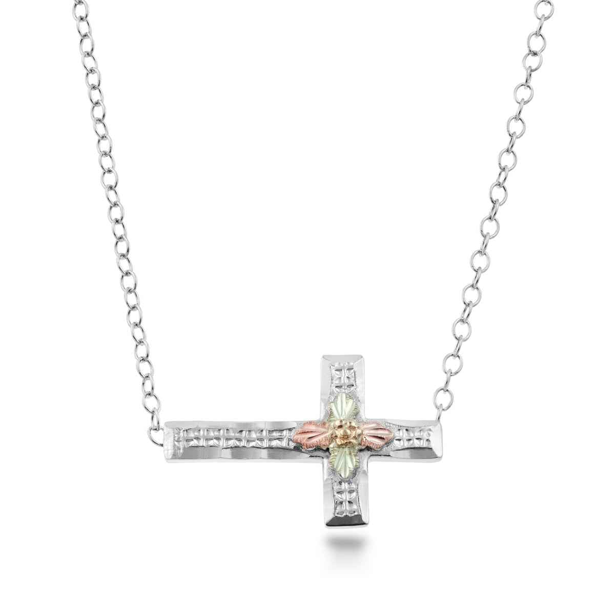 Black Hills Gold Diamond Cut Sideways Stamped Cross Pendant in Sterling Silver