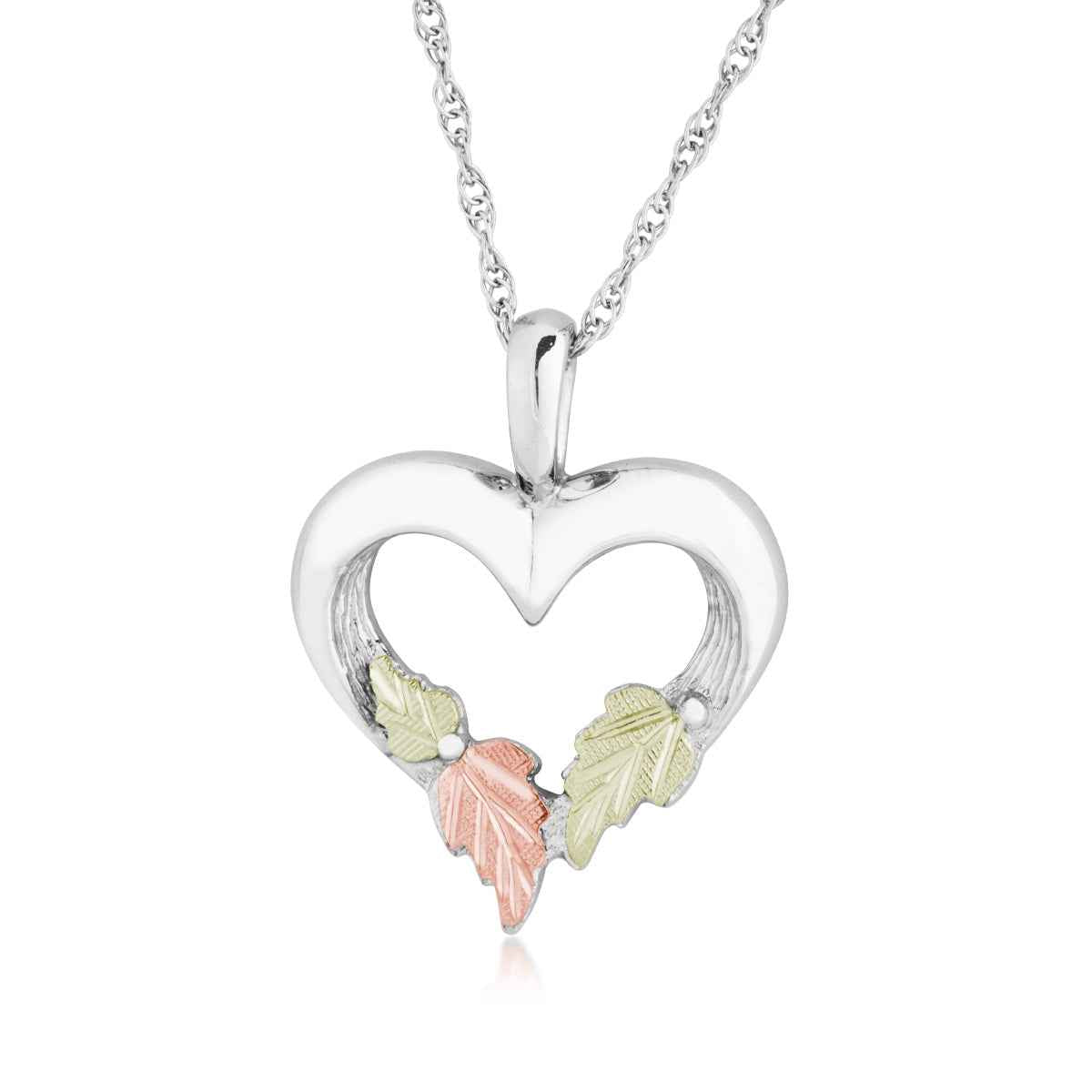 Black Hills Gold Textured Heart & Leaf Pendant in Sterling Silver