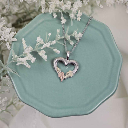 Black Hills Gold Textured Heart & Leaf Pendant in Sterling Silver front view