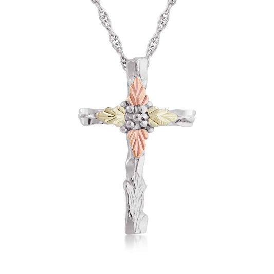 Black Hills Gold Carved Cross Pendant in Sterling Silver
