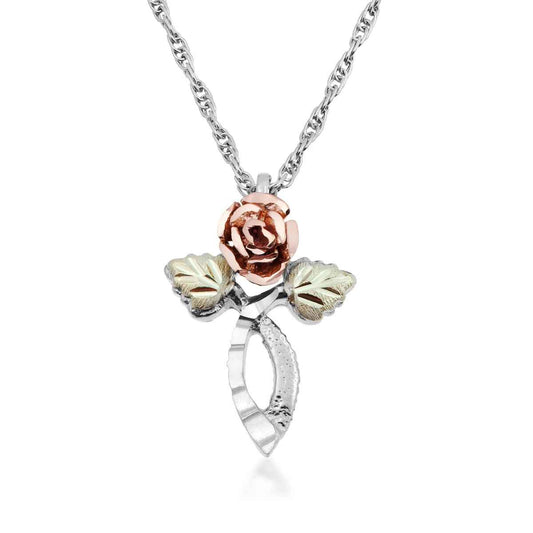 Black Hills Gold Rose Stem Cross Pendant in Sterling Silver