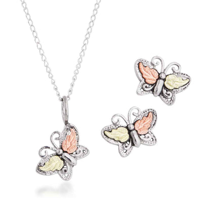 Black Hills Gold Butterfly Pendant & Earring Set in Sterling Silver