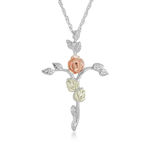 Black Hills Gold Rose Vine Cross Pendant in Sterling Silver