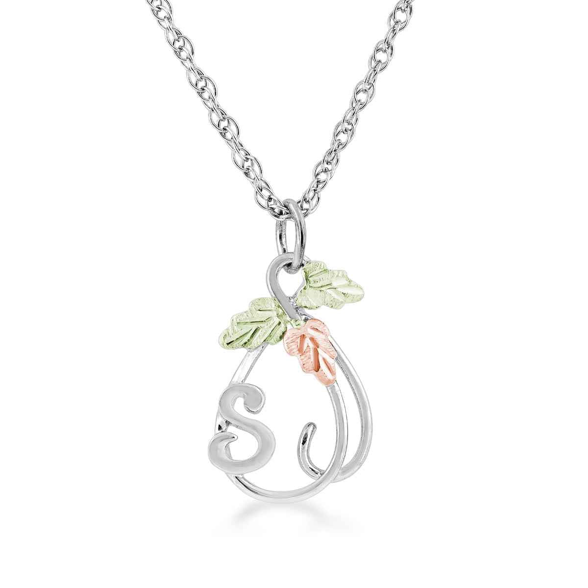 Black Hills Gold Initial Letter S & Vine Pendant in Sterling Silver