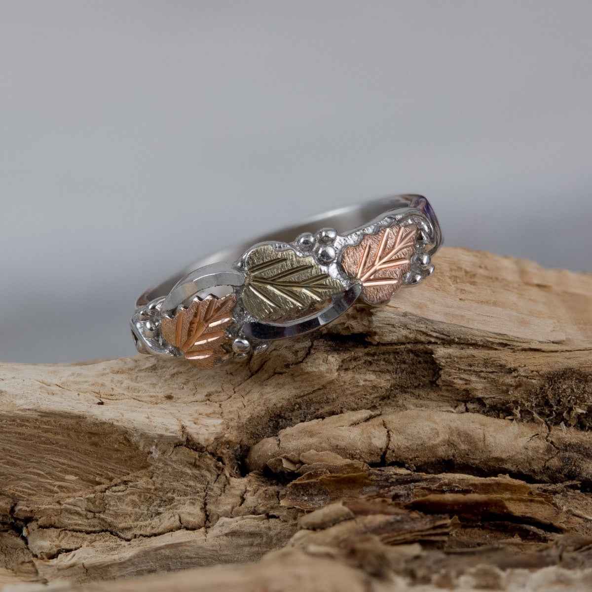 Black Hills Gold Diamond Cut Grape & Leaf Ring in Sterling Silver close-up detail