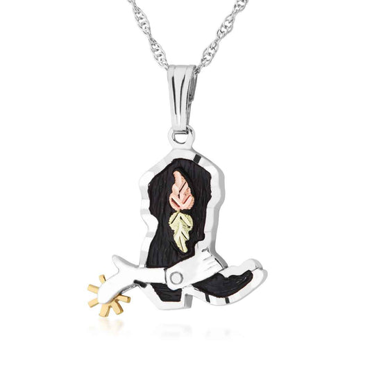 Black Hills Gold Antiqued Cowboy Boot Pendant with Leaves in Sterling Silver