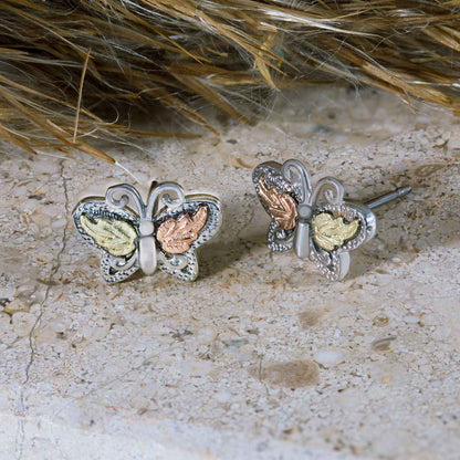 Black Hills Gold Small Butterfly Earrings in Sterling Silver front view
