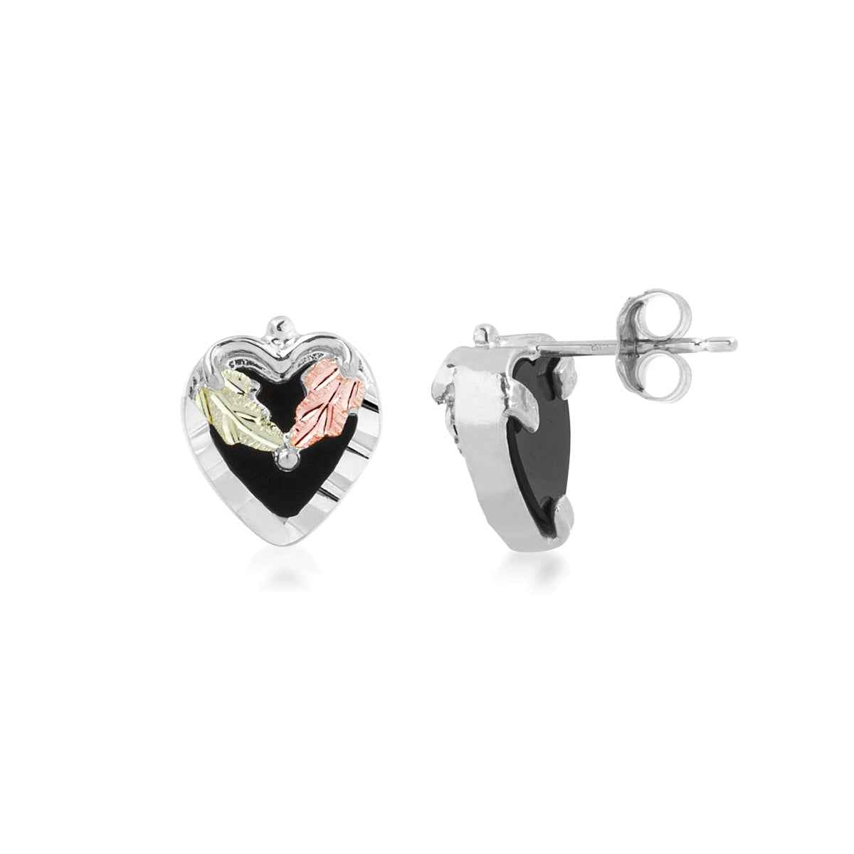 Black Hills Gold Onyx Heart Earrings with Heart-Shaped Leaf Accent in Sterling Silver