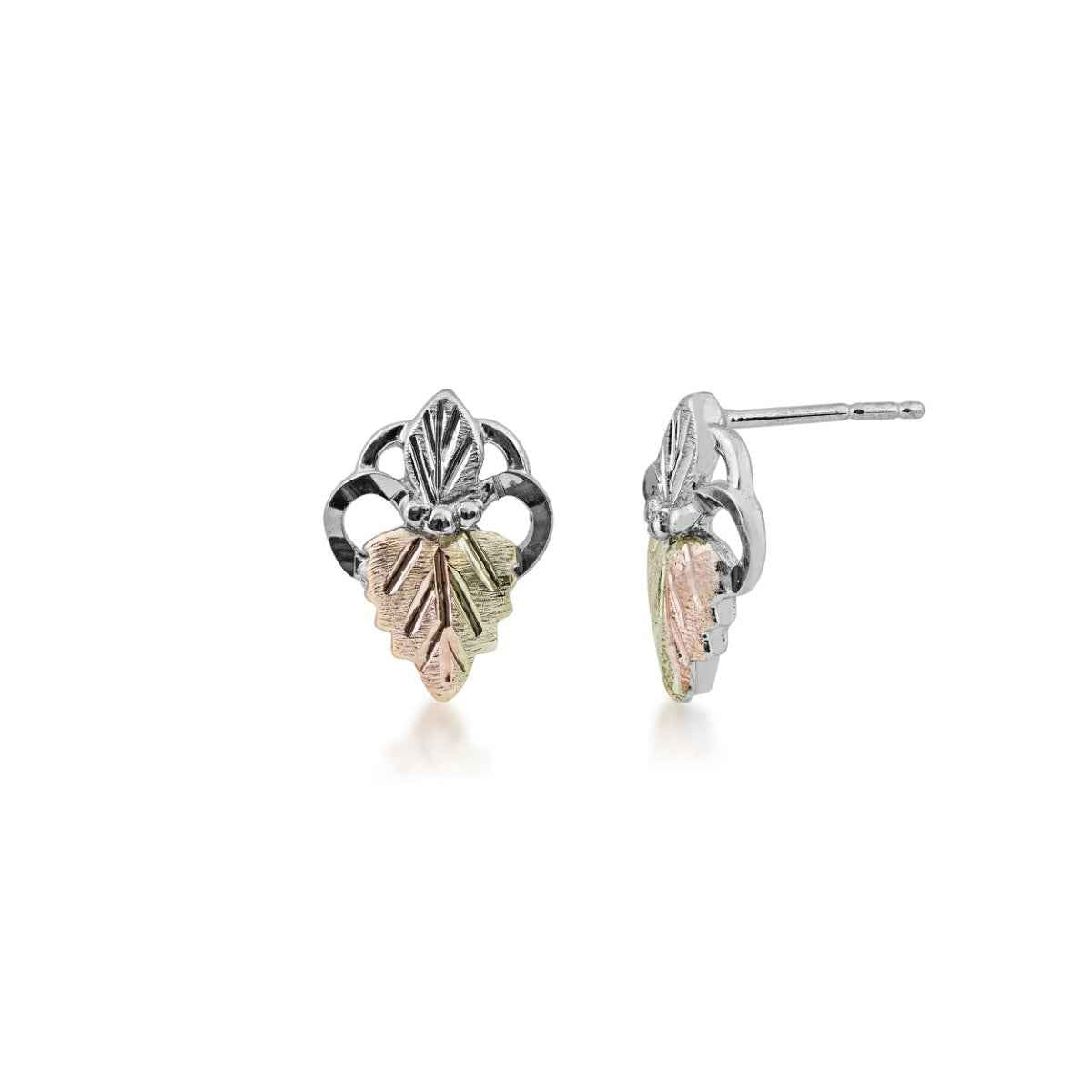 Black Hills Gold & Silver Pink & Green Leaf Fleur De Li-style Earrings