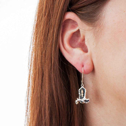 Black Hills Gold Antiqued Cowboy Boot Dangle Earrings in Sterling Silver front view