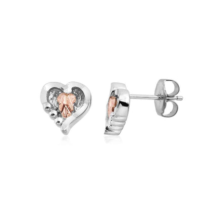 Black Hills Gold Small Pink Leaf Heart Earrings in Sterling Silver