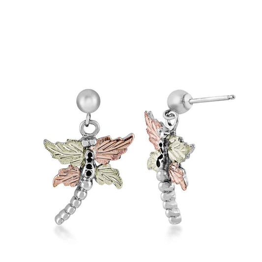 Black Hills Gold Leaf Winged Dragonfly Earrings in Sterling Silver
