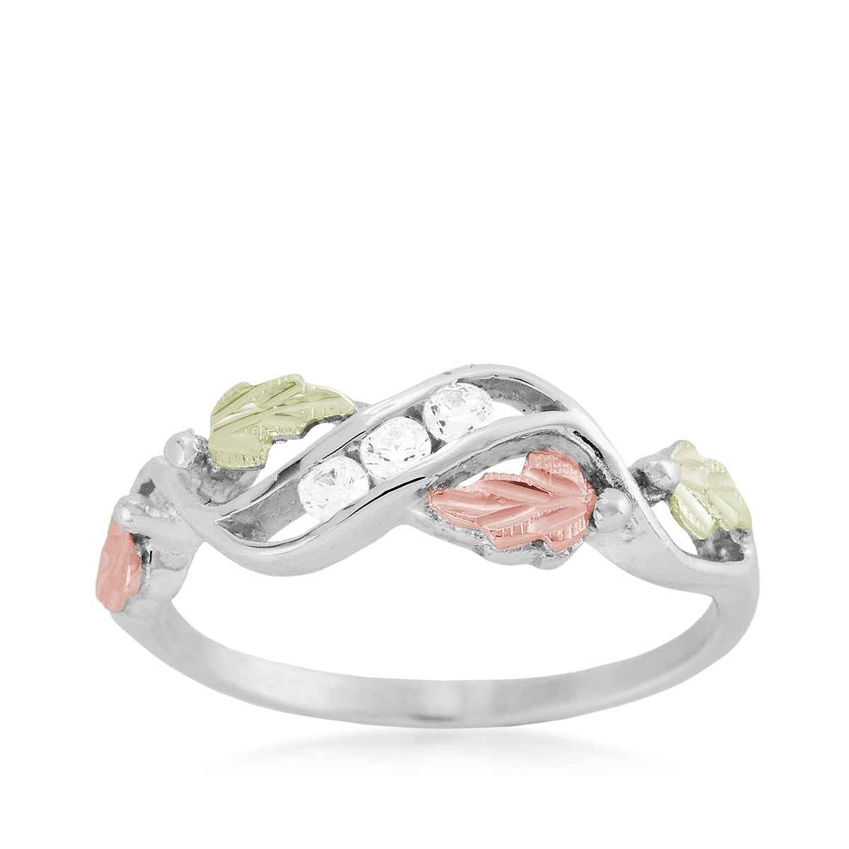 Black Hills Gold 3-Stone Cubic Zirconia & Leaf Ring in Sterling Silver