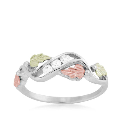 Black Hills Gold 3-Stone Cubic Zirconia & Leaf Ring in Sterling Silver