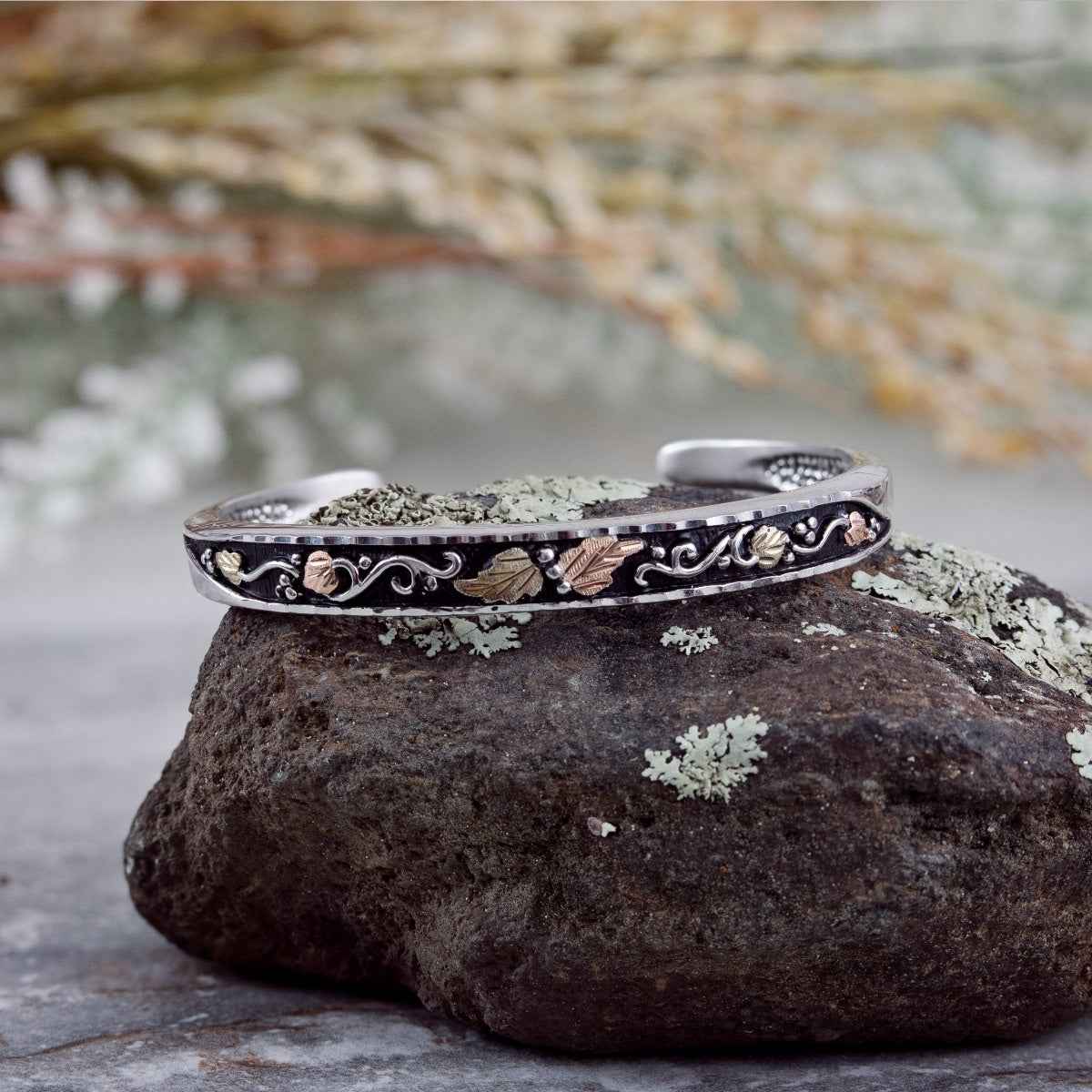 Black Hills Gold Antiqued Cuff Bracelet in Sterling Silver front view