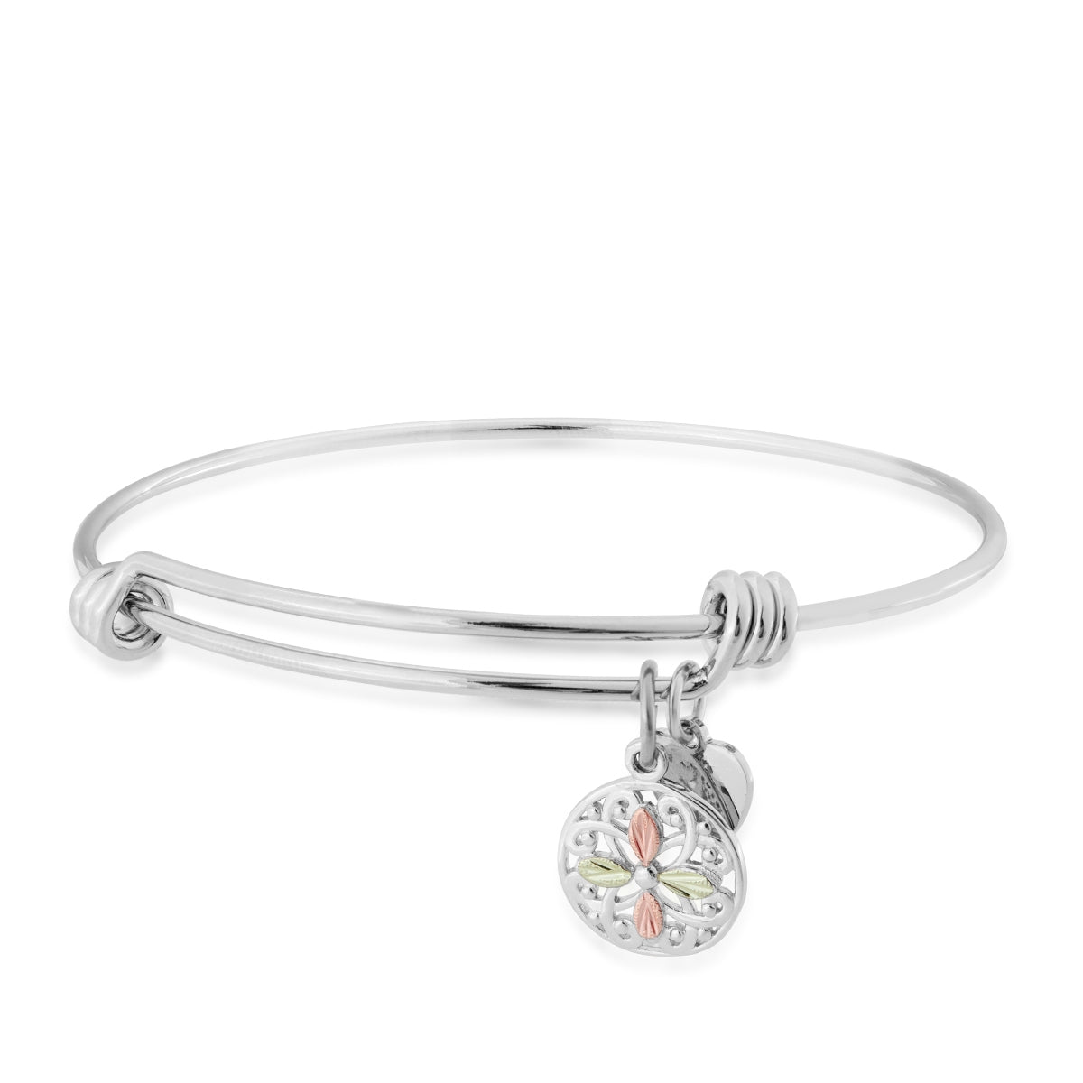 Black Hills Gold Sterling Silver Four Leaf Charm on Expandable Bangle Bracelet in Stainless Steel Plating