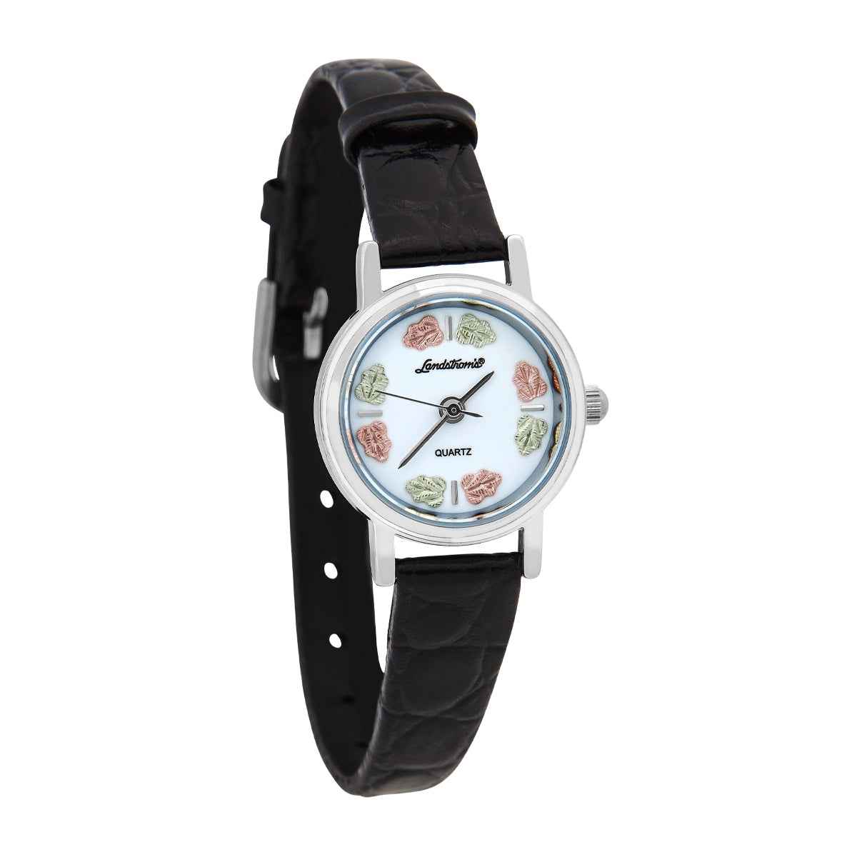 Black Hills Gold Ladies' Quartz Stainless Steel Watch with White Dial & Black Leather Band