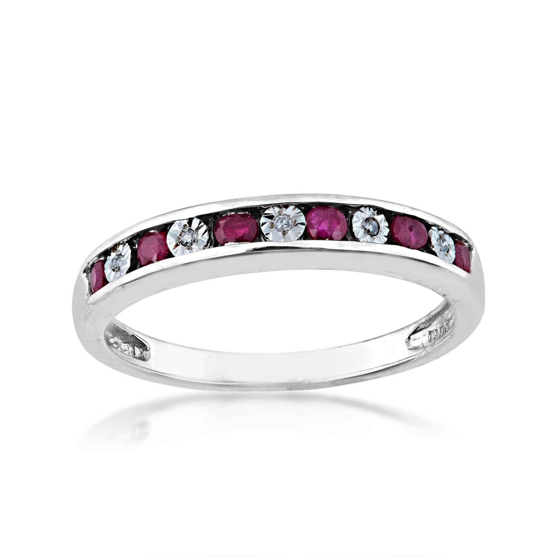 Genuine Red Ruby and .015 ct. tw. Diamond Channel Set Fashion Band in 10K White Gold