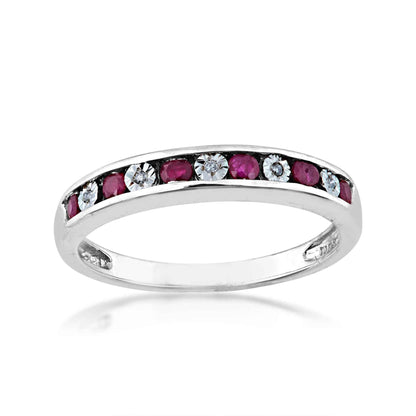 Genuine Red Ruby and .015 ct. tw. Diamond Channel Set Fashion Band in 10K White Gold