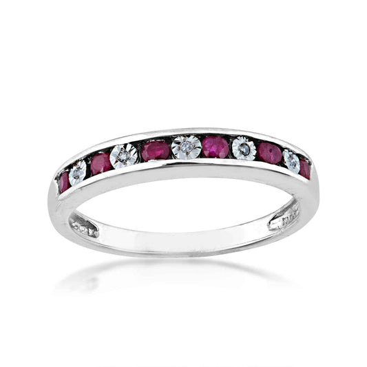 Genuine Red Ruby and .015 ct. tw. Diamond Channel Set Fashion Band in 10K White Gold